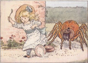 Little Miss Muffet running from a ridiculously over the top spider. From Project Gutenburg (http://www.gutenberg.org/files/19993/19993-h/19993-h.htm#page9b)