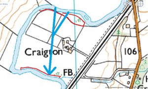 Craigton Farm riparian tree planting site. The large blue line and arrow show where the flood water comes across the land and in what direction. The red line is the outline of where the 420 trees were planted to slow the flow of water across the land.