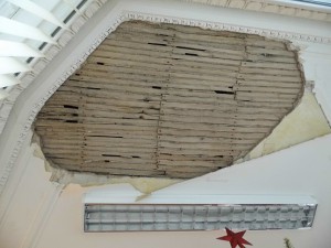 The damage to the roof in the downstairs office