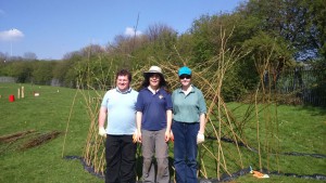 Katie, Marcus and Fiona worked on constructing the willow dome - in the glorious sunshine!