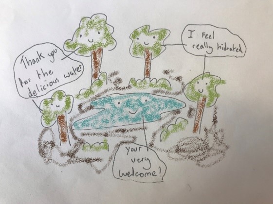 Hand drawn picture of happy trees around a pond