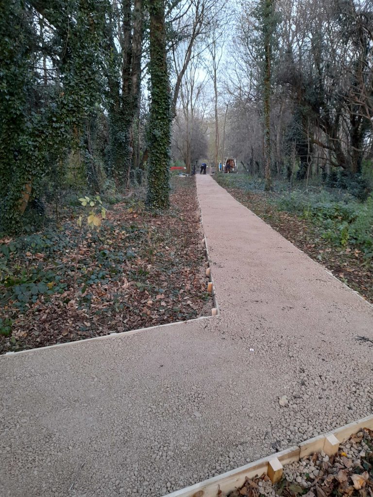A recently completed footpath in a woodland