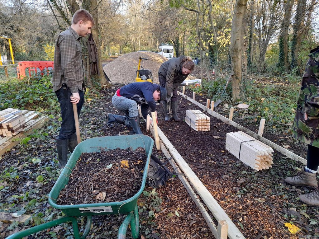 Group constructing a footpath on a woodland
